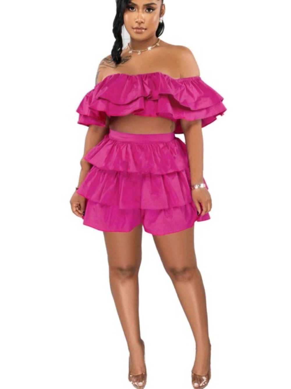 Off-Shoulder Ruffle Mini Set in Fuchsia - Picture 3 of 3
